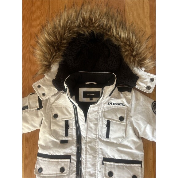 Diesel Boys Jacket Lt Gray Camo Puffer Parka w/Fur Trim Sz 4 Warm Cargo Pockets - Picture 6 of 12